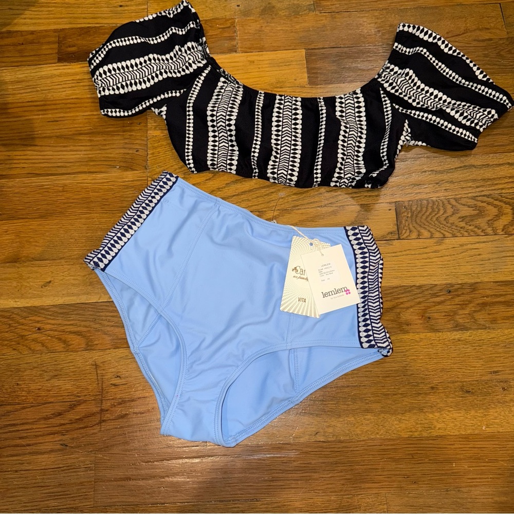 Lem Lem NWT Poof Sleeve Bikini Top and High Waist Tie Back Bottoms XS